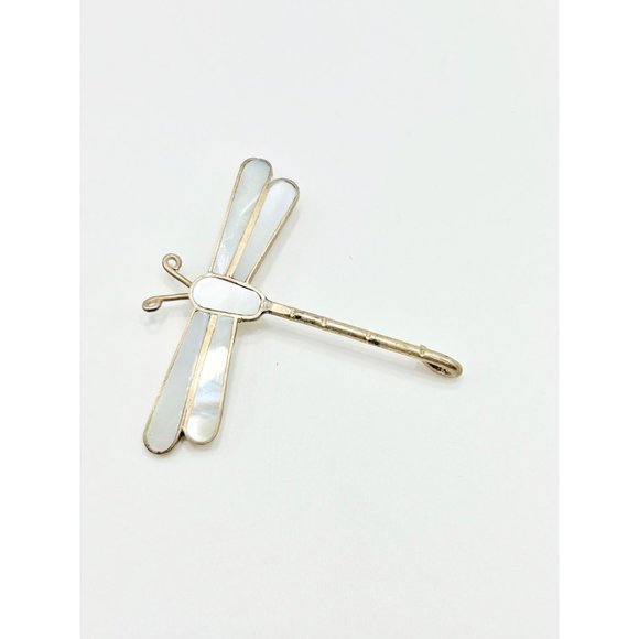 Vintage Alpaca Silver Mexico Dragonfly Insect Pin Brooch Mother of Pearl Inlay - Picture 5 of 10